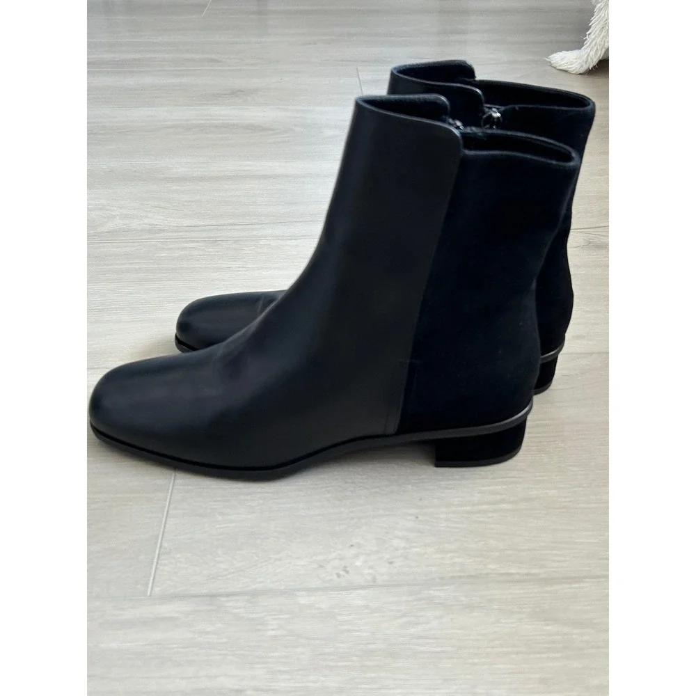 Aquatalia Lucia square toe block heel black Leather Boots 9.5 weatherproof city